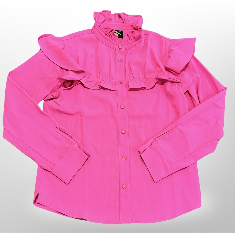 SSYS The Label Blouse Womens XS Pink Ruffle Long Sleeve Button Up Shirt Trendy